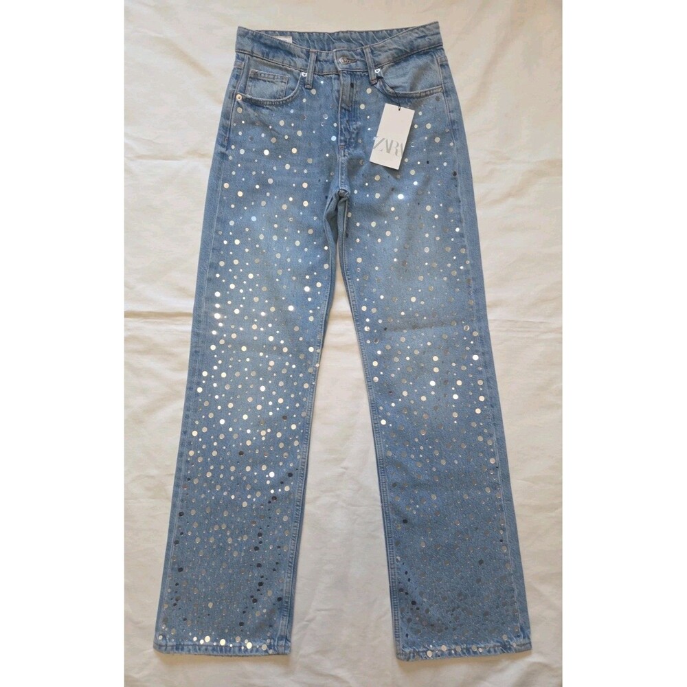 NWT Zara | Size 6 | Special Edition Mirror Dot Rhinestone Wide Leg Jeans Y2K